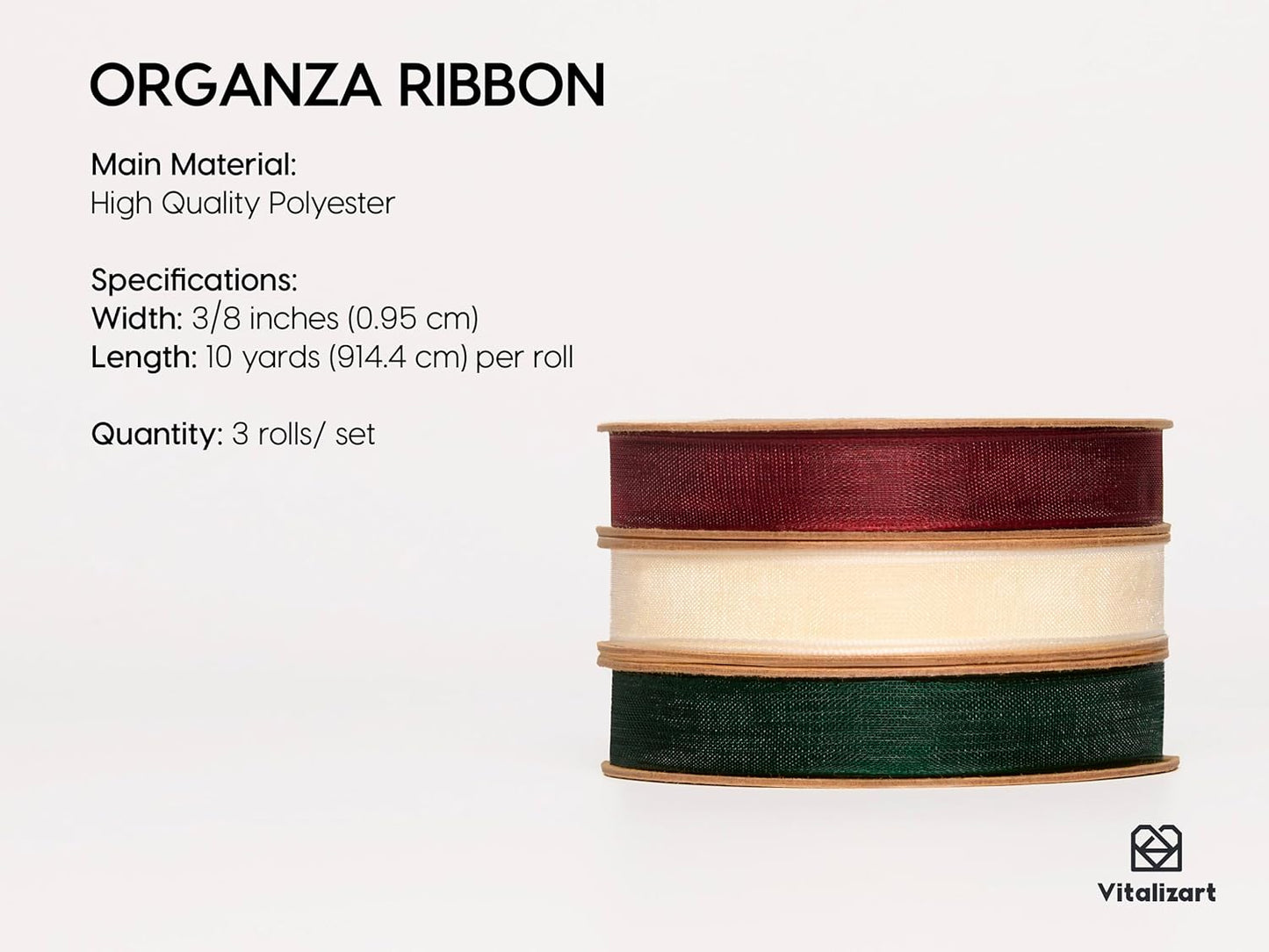 Vitalizart 3/8" x 30Yd Organza Ribbon Christmas Sheer Ribbons Set 10 Yd x 3 Rolls Red Green White Handmade Eco-Friendly for Christmas Gift Wrapping Tree Decor Bows Wreaths