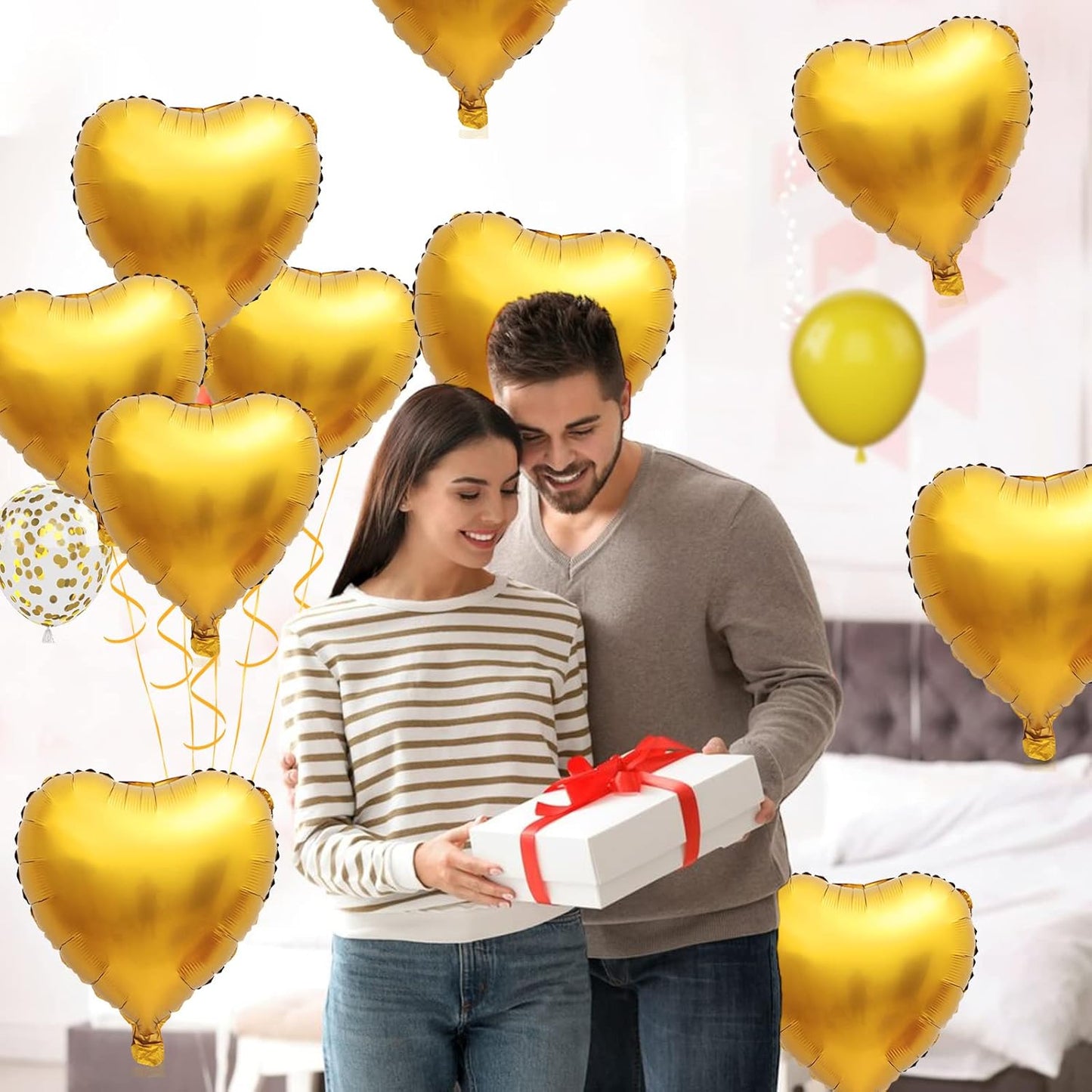 Foil Heart Balloons Gold - 10PCS Heart Shaped, 18inch Metallic Love Foil Balloons for Helium, Golden Wedding, Valentine's Day, Birthday Party, Anniversary
