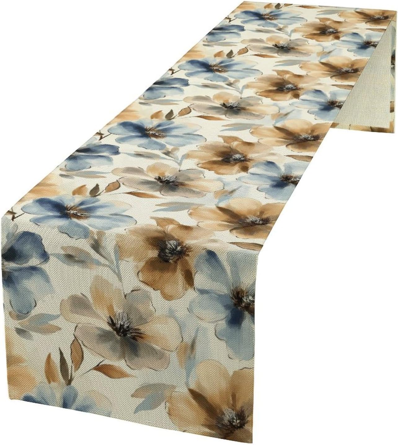 Poppy Floral Table Runner, Watercolor Brown Blue Flowers Blossom Summer Nature Table Runner for Kitchen Dinning Table Runner Decor Home Wedding Party Holiday, 13x90 Inch