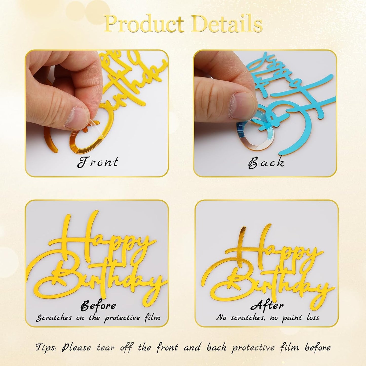 10 PCS Gold Happy Birthday Cake Topper Mirror Acrylic Cake Toppers Double-Sided Glitter Birthday Decorations for Girls Women's Party Supplies