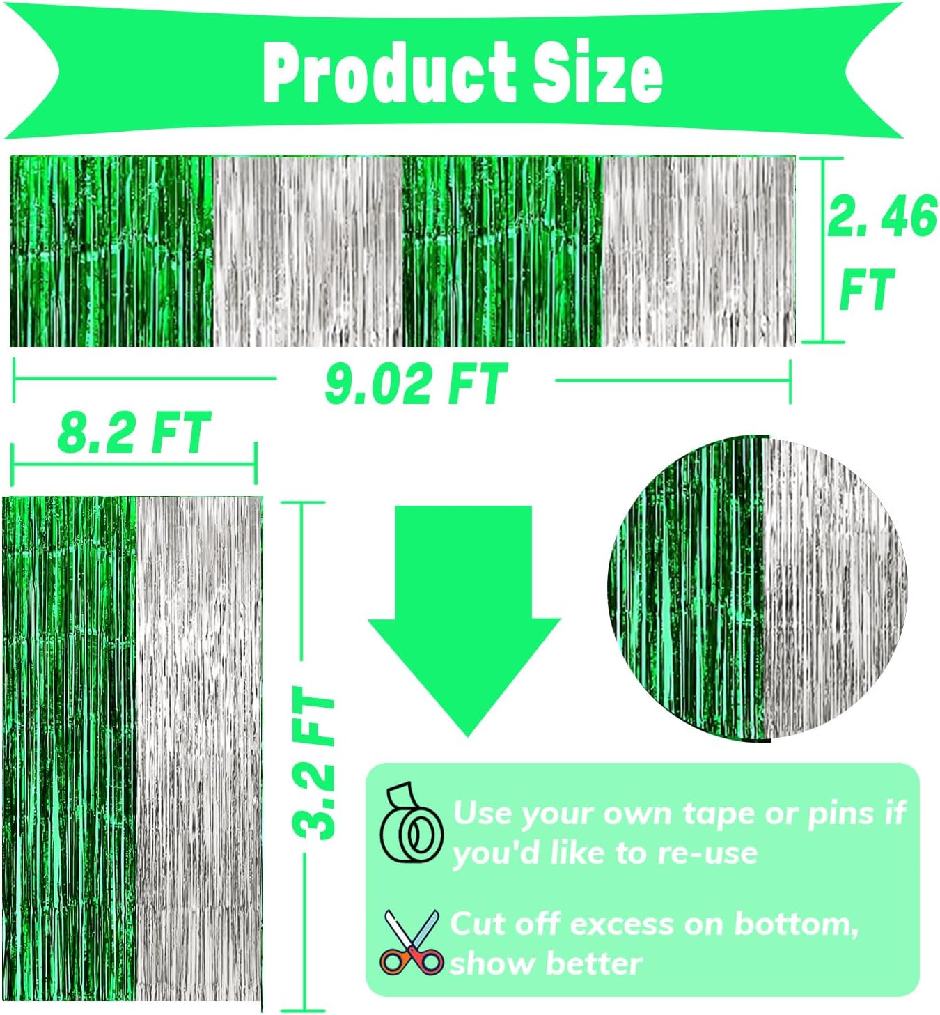 4P Metallic Foil Fringe Tinsel Table Skirts for Rectangle Tables Backdrop Banner Streamer Garland Curtains for Parade Floats Wedding Graduation Anniversary Birthday Parties Decoration (Silver Green)