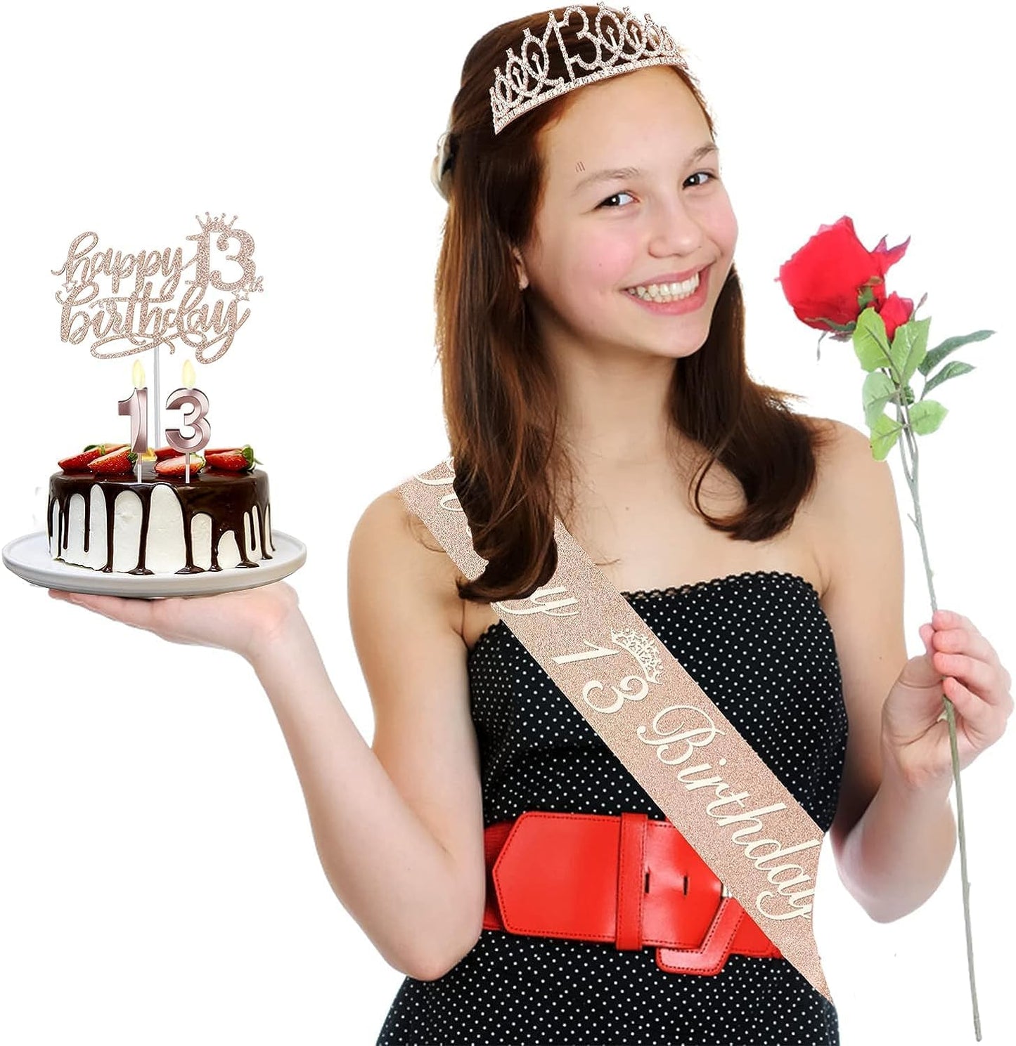 13th Birthday Decorations for Girls, Including Sash, Crown/Tiara, Candles and Cake Topper, Rose Gold Teen Girl Gifts for 13 Year Old Birthday Decorations