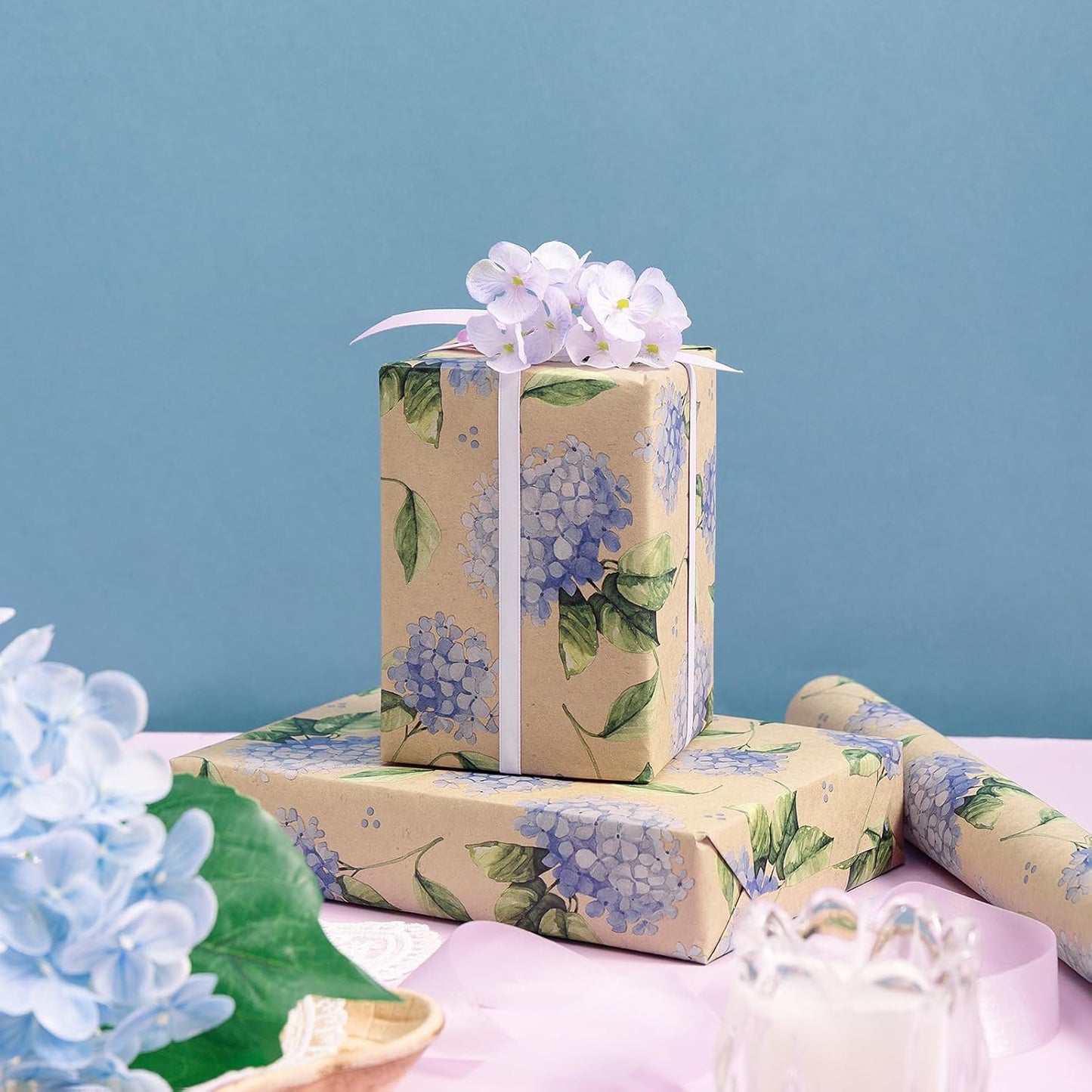 RUSPEPA Hydrangea Wrapping Paper for Women Girls, Mini Roll, Delicate Blooming Floral Gift Wrap, Aesthetic Purple Flower Kraft Paper for Spring, Wedding, Mother's Day, Birthday, 17 Inch x 16.4 Feet