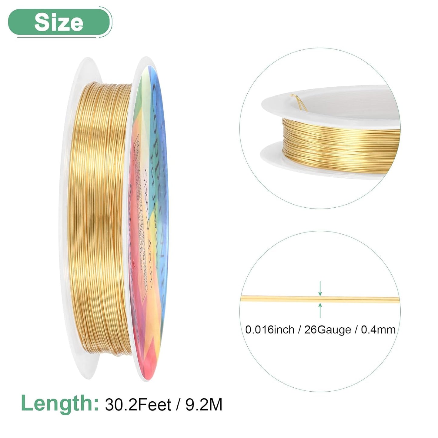 0.4 mm/26 Gauge Copper Wire for Jewelry Making, 30.2FT Copper Beading Craft Wire for Jewelry/Weaving/DIY Crafting/Planting, Color-Retaining [9.2M, KC-Gold]