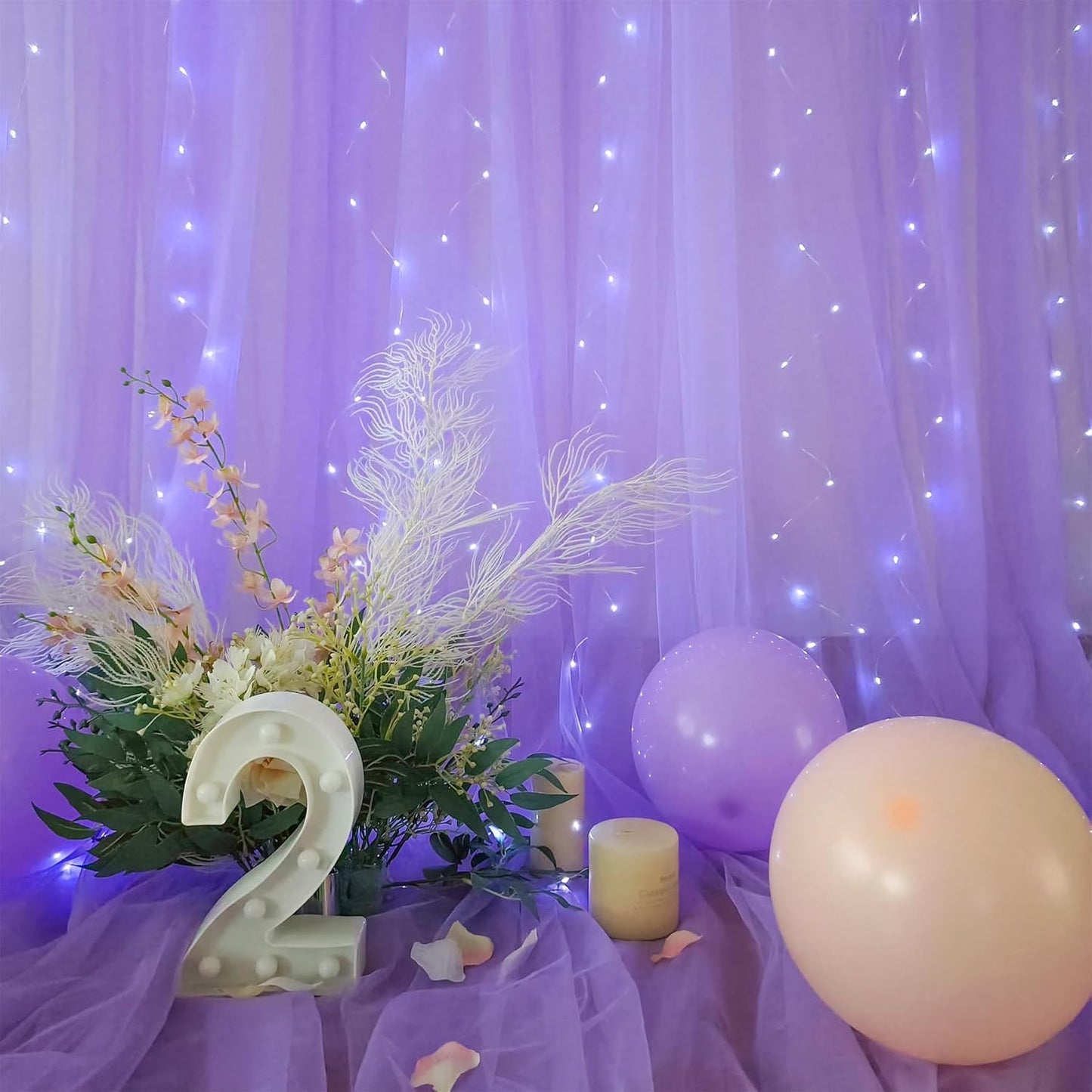 20x8ft Lavender Tulle Backdrop Curtains with Lights for Party Wedding Baby Shower, Sheer Drape Backdrop Curtains for Birthday Party Photo Booth Background Decoration