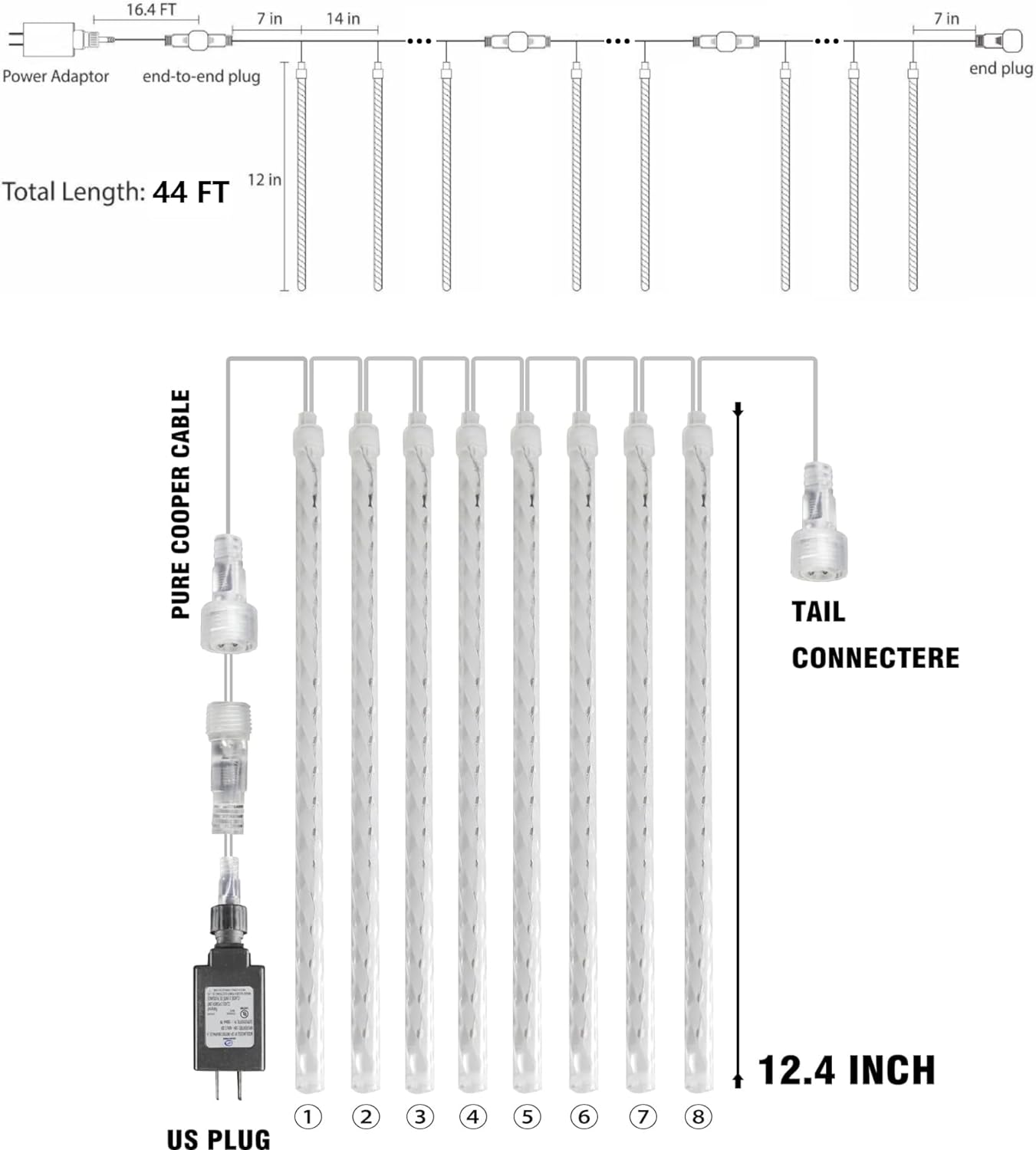 Dazzle Bright 864LED Christmas Light, Meteor Shower Rain Lights 11.8 Inch 24 Tubes, Waterproof Plug in Falling Rain Lights Christmas Decorations for Xmas Bushes Tree Yard Party (Blue)