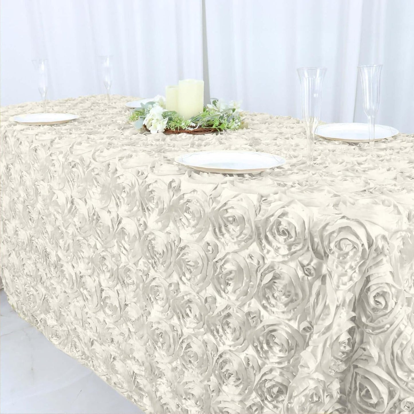Efavormart 90"x132" Wholesale Rectangle Table Cover Ivory Grandiose Rosette 3D Satin Tablecloth for Wedding Party Event Decoration