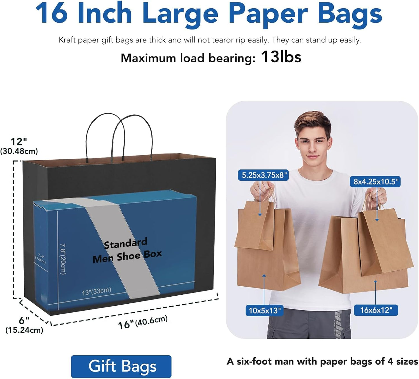 GSSUSA Black Large Gift Bags 16x6x12 Kraft Paper Bags with Handles 200Pcs Sturdy Shopping Party Merchandise Retail