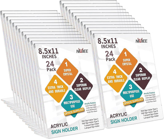 NIUBEE 24 Pack Acrylic Sign Holder 8.5 x 11 Inches Slanted Back, Clear Plastic Sign Holder Paper Display Table Stand for Office, Store, Restaurant