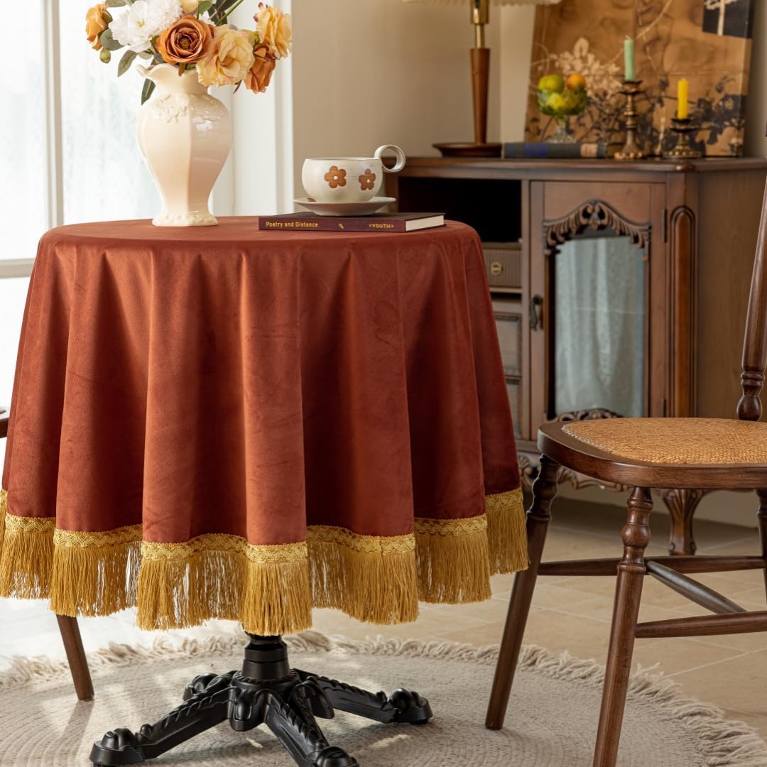 F-CHU Luxury Burnt Orange Tablecloth Thickset Velvet Tablecloth with Beautiful Gold Vintage Tassels Table Cloth for Home Decor Wedding, Party, Banquet and Events 60" Round