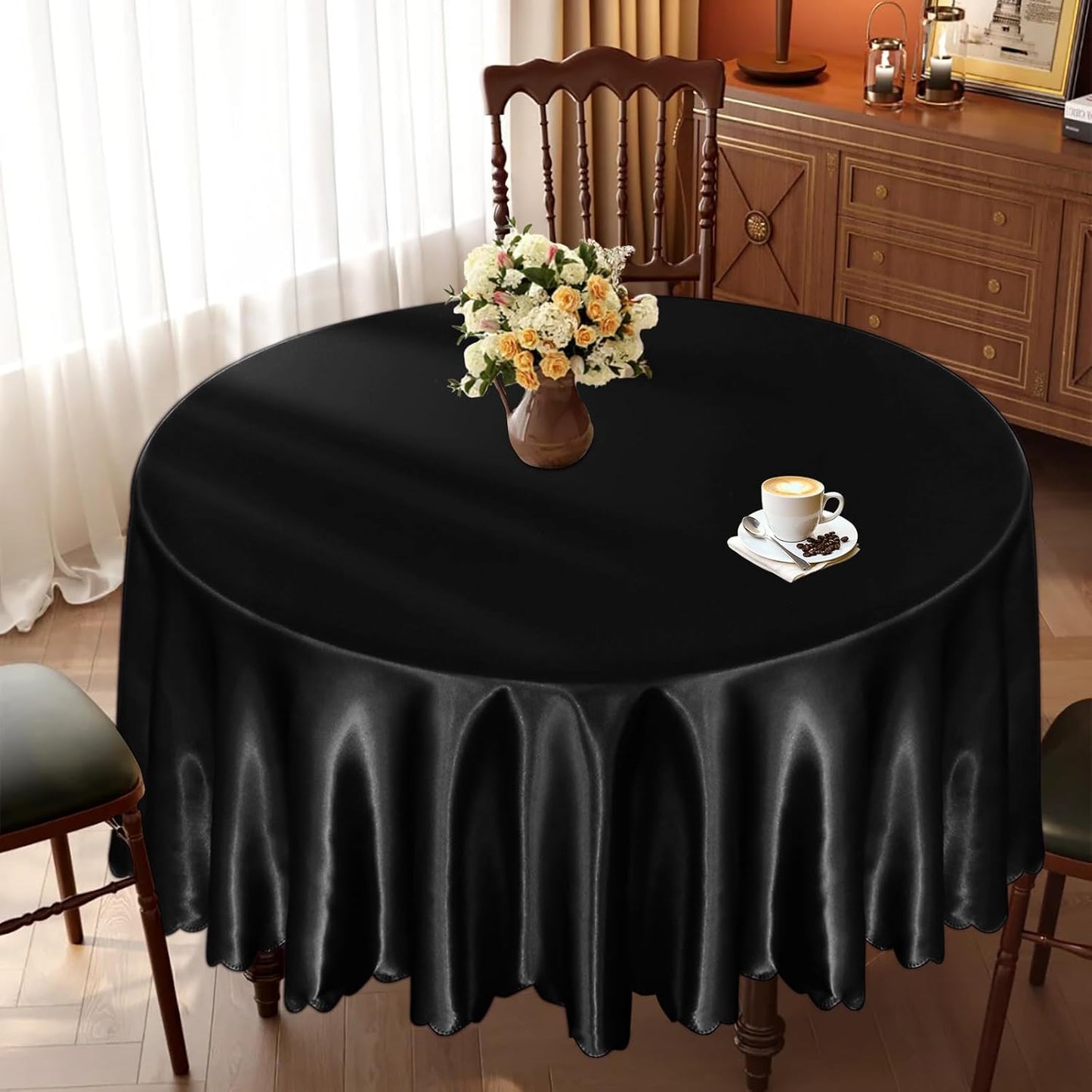 KKJIAF 1 Pack 108 Inch Round Table Cloth, Black Overlay Round Satin Table Cover, Silky Satin Dining Tablecloths for Wedding Buffet Parties Banquet Decoration