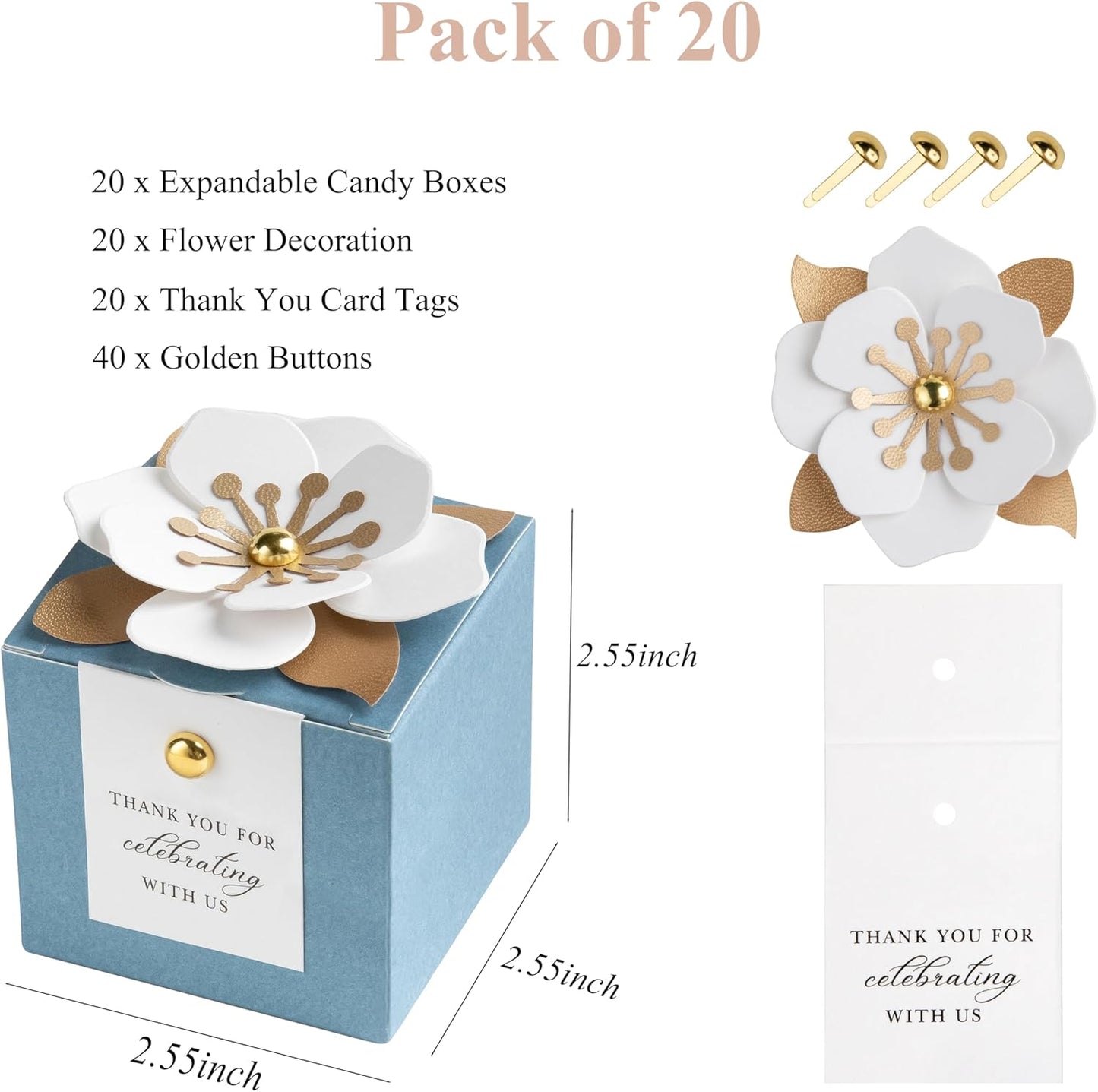 FEIYI 20 PCS Candy Boxes, 3 In 1 Dusty Blue Favor Boxes with Floral Decor, White Thank You Tags Gift wrapping for Wedding Birthday Baby Shower Decorations Party -2.55x2.55x2.55''