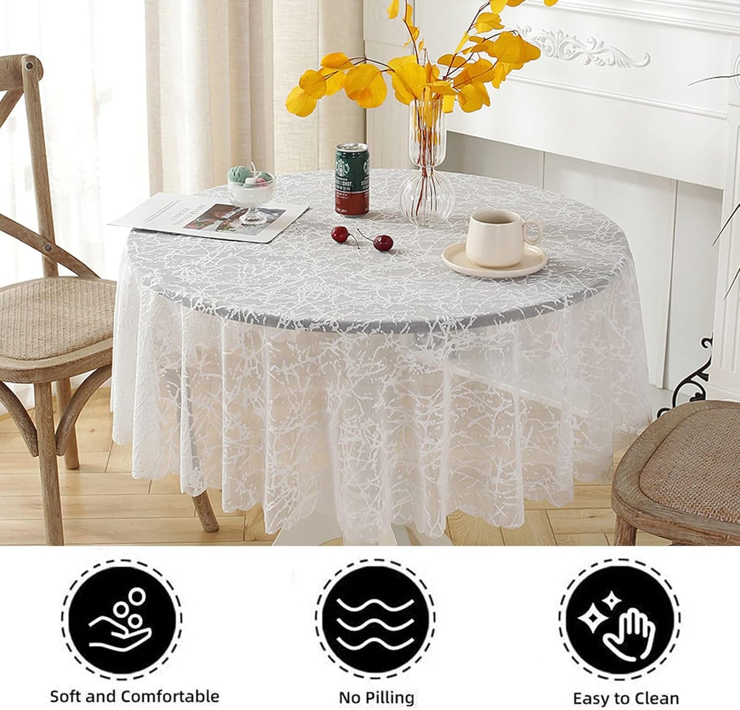 Jeloris Round Lace Tablecloth with Elegant Scalloped Bottom for Any Special Event Such as Wedding, Birthday Party, Baby Shower, Anniversary (78 inch, Style 3)