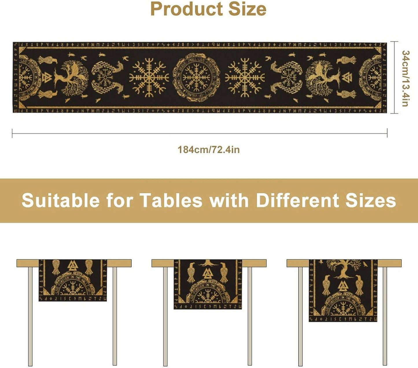 Viking Tree of Life Abstract Table Runner for Living Room Home Party Coffee Dining Party Wedding Golden Black Celtic Style Geometric Dragon Boat Rudder Ancient Script Table Runner 13x60 Inch