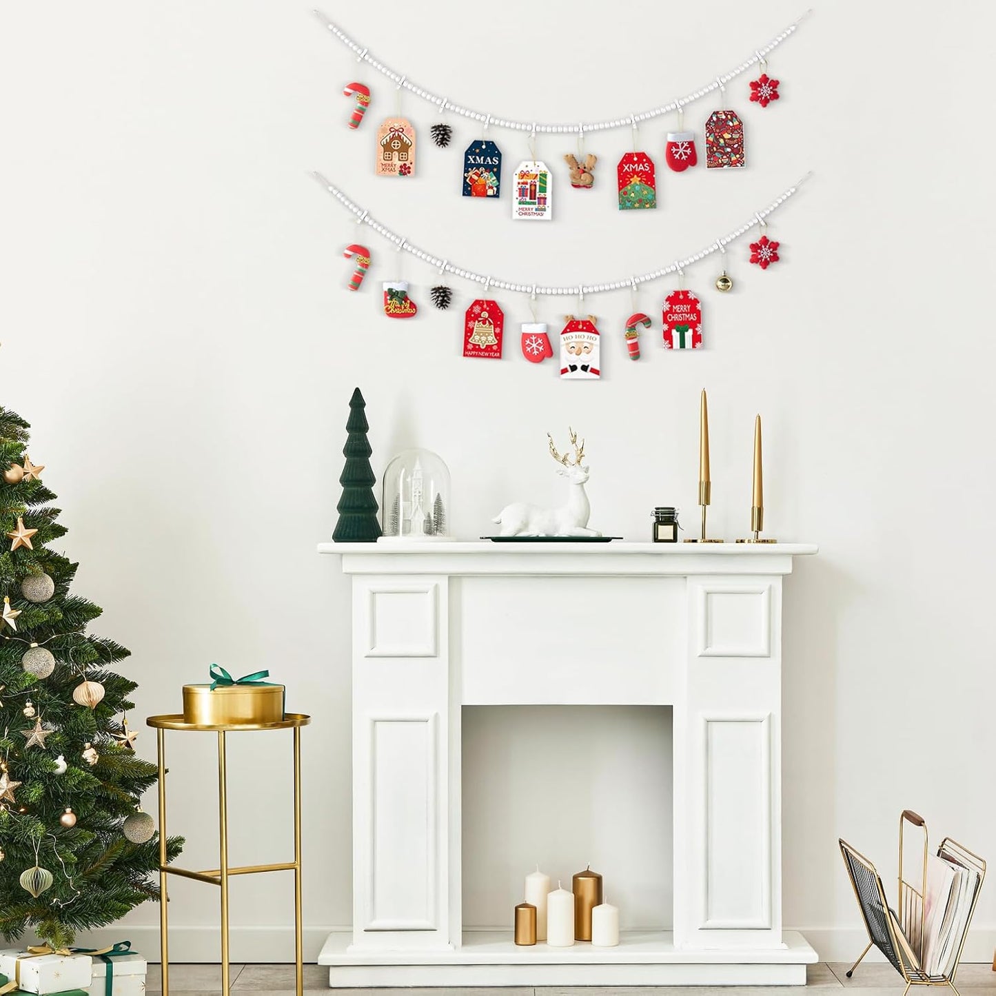 Mkono Hanging Photo Display with Clips, Boho Wooden Bead Garland Banner, Collage Card Picture Kids Art Holder String with 10 Clips for Christmas Bedroom Dorm Decor, Teen Girl Gifts, White, 2 Pack