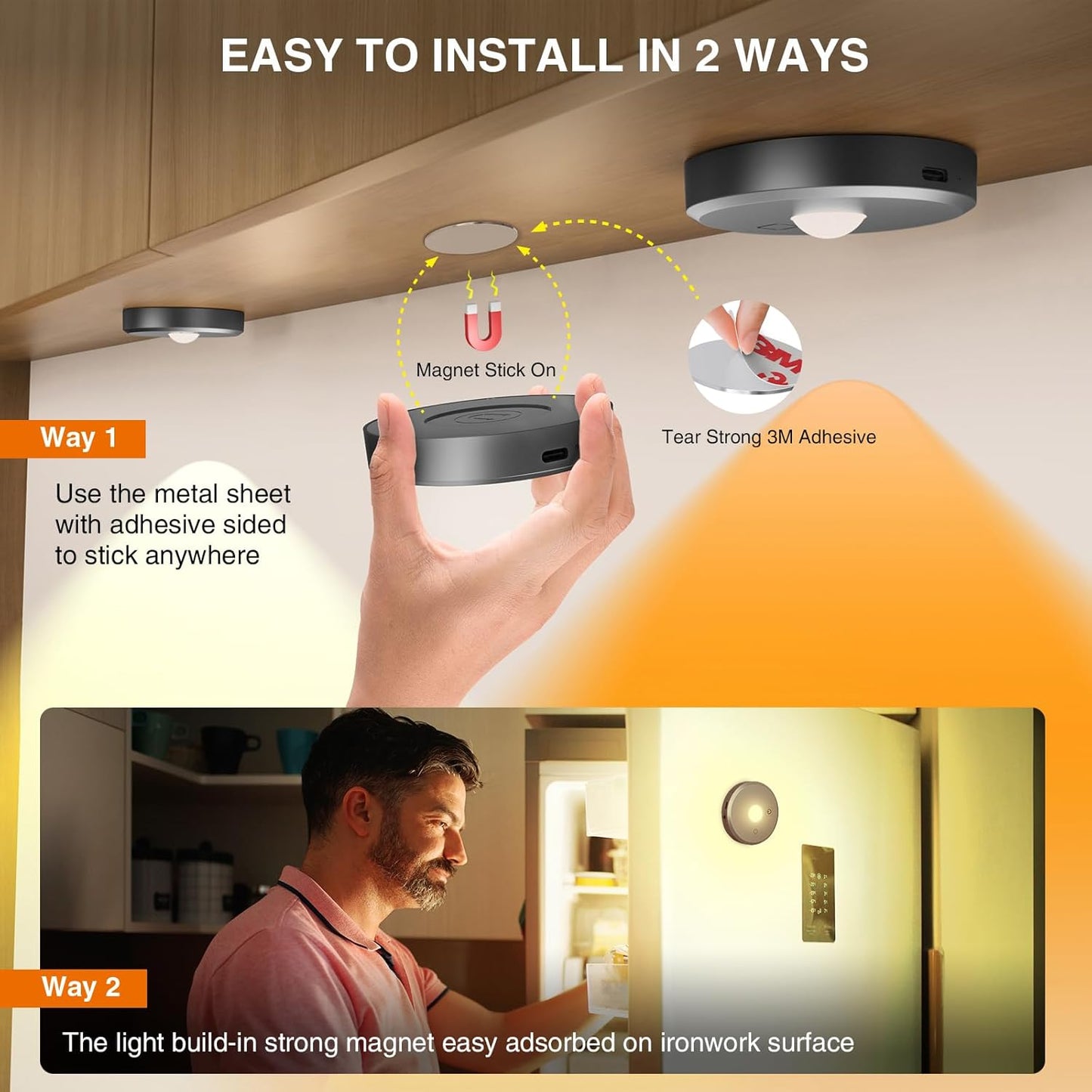 RGB Puck Lights with Remote Control, 2000mAh Rechargeable Stick on Led Lights, 9 Colors & 2 Dynamic, Tap Light with Timing,Under Cabinet Lighting for Closet,Kitchen,Cabinet,Shelf(Black, 3 Pack)