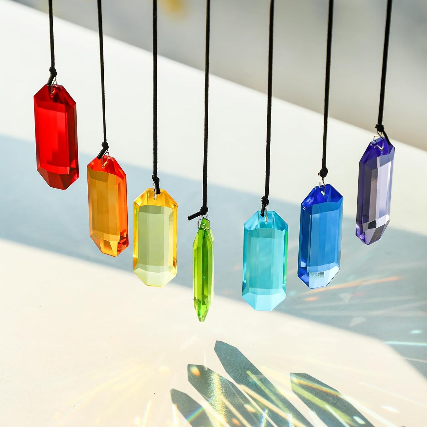 HDCRYSTALGIFTS 7pcs Crystal Suncatcher Prisms 3'' Indoor Window Hanging Ornament Rainbow Glass Prism Sun Catcher Decor for Home Garden Healing Crystals