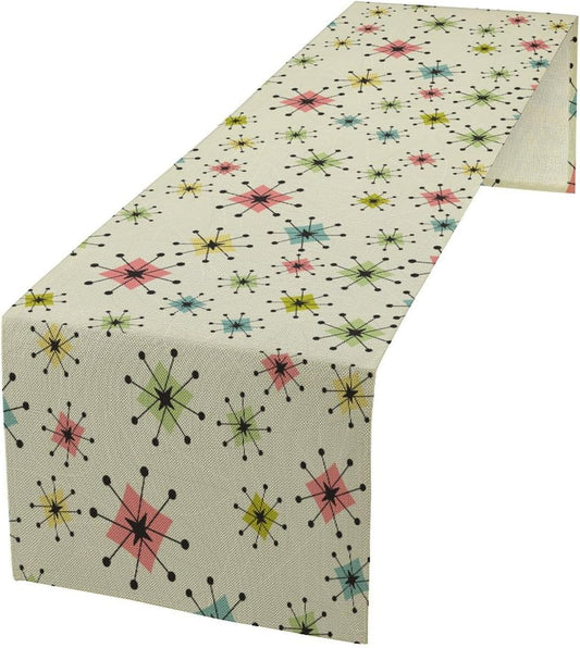 Mid Century Table Runner, Flag Retro Atomic Starburst 1950s Abstract Geometric Space Tabletop Decoration for Home Kitchen Restaurant Table Flag 13x60 Inch
