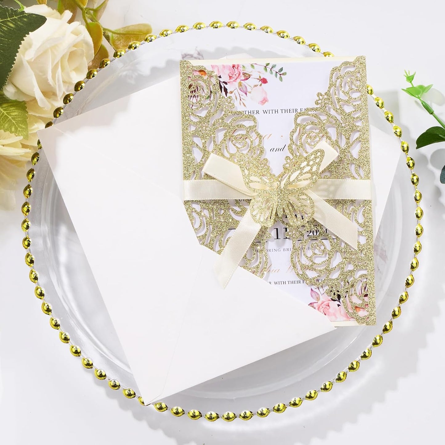 50PCS Gold Glitter Laser Cut Wedding Invitation with Butterfly Ribbons Hollow Rose Shape Wedding Invitations with Envelopes and Rsvp Cards for Wedding Bridal Shower QuinceañEra Engagement