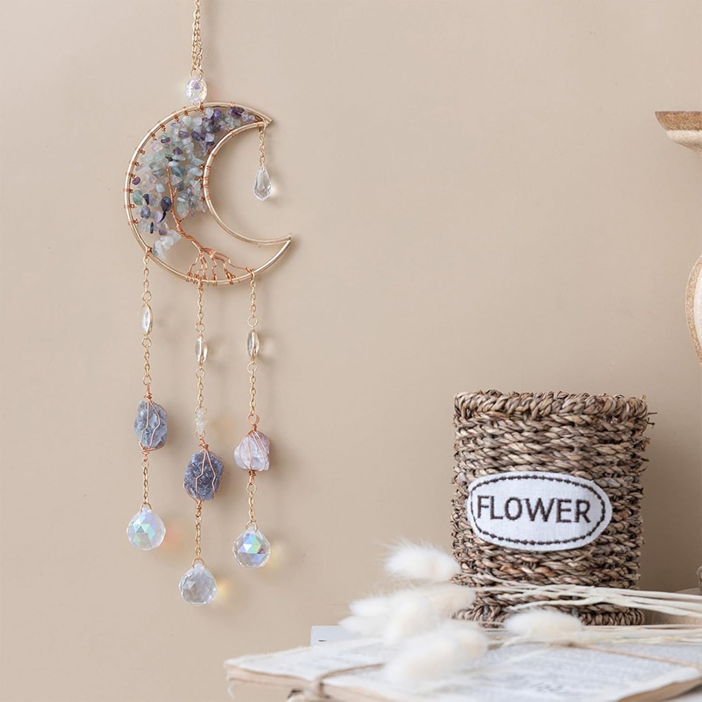 TUOKING Crystal Moon Suncatchers for Window Hanging Tree of Life Natural Healing Stones Wind Chimes Sun Catcher Rainbow Maker Good Luck Gifts Decor for Home Garden