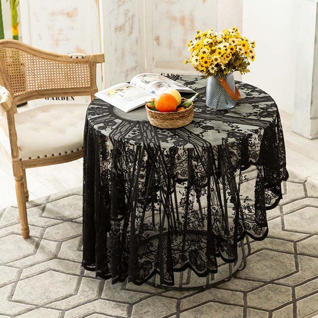Vintage 60 inch Black Lace Tablecloth Floral Embroidered Boho Shabby Chic Small Table Cover for Wedding Halloween Party Dinning Holiday, 1 Piece