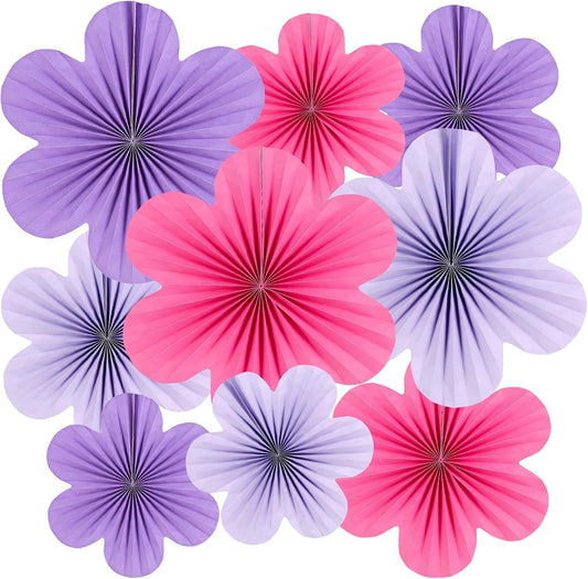 Paper Flowers Decorations for Wall Purple Paper Fans Classroom Decoration Floral Backdrop Decor Fans Hanging Pink Flower Wall Decor, Set of 9
