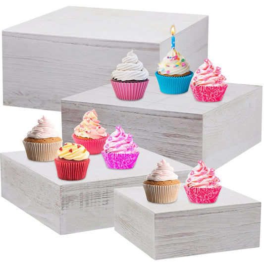 Roowest Set of 4 Wood Display Risers Rustic Cupcake Stand Rustic Wood Cake Stands Wooden Stackable Display Box for Dessert Wedding Birthday Christmas Village Party Decoration(Vintage White)