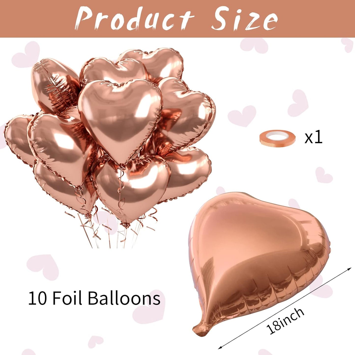 Rose Gold Foil Heart Balloons, 10PCS Rose Gold Heart Shape Balloons, Valentines Balloons 18inch Foil Balloons for Helium Birthday Decorations for Valentines Day, Wedding, Brithday Party, Baby Shower
