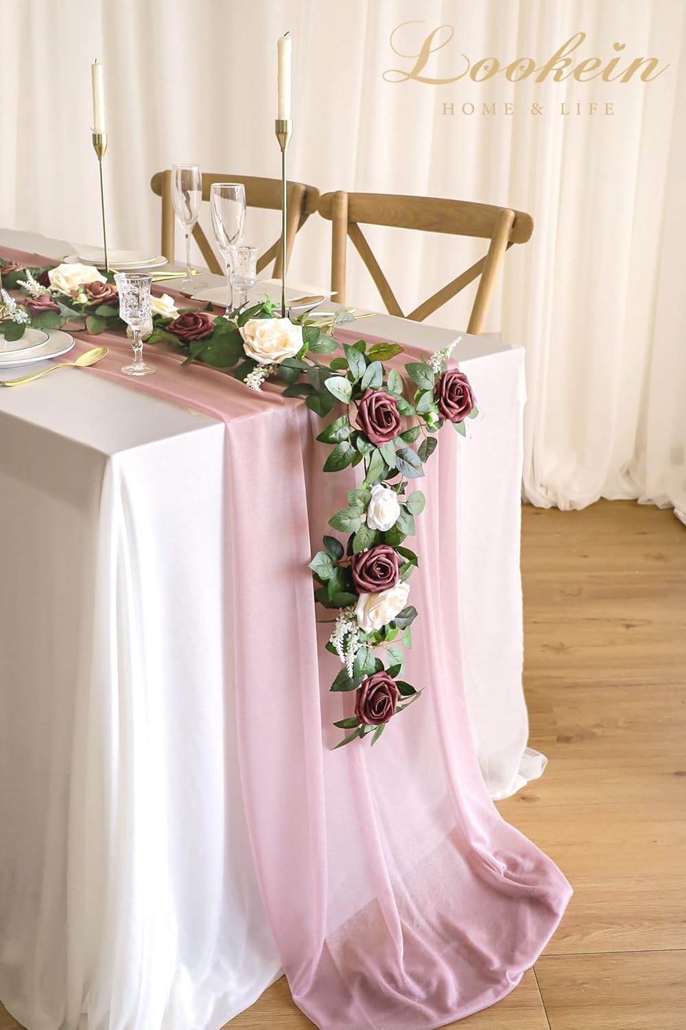 Lookein Artificial Rose Flower Garland Greenery Garland 5FT for Wedding Ceremony Backdrop Arch Flowers Table Centerpieces Decorations, Cream Plum