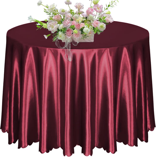 KKJIAF 1 Pack 108 Inch Round Table Cloth, Burgundy Overlay Round Satin Table Cover, Silky Satin Dining Tablecloths for Wedding Buffet Parties Banquet Decoration