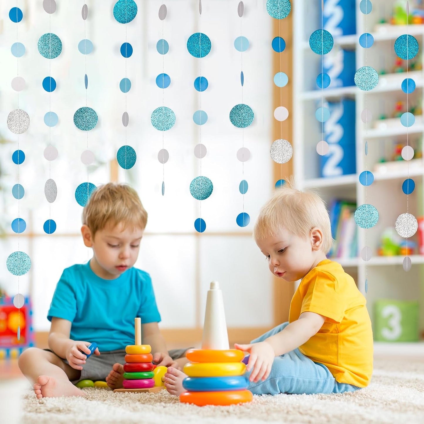 8 Pack Blue Glitter Dot Garland, Hanging Circle Streamers Banner, Backdrop Hanging Decorations for Baby Showers, Weddings, Birthday Parties, Winter Celebrations, and Holiday Decorations