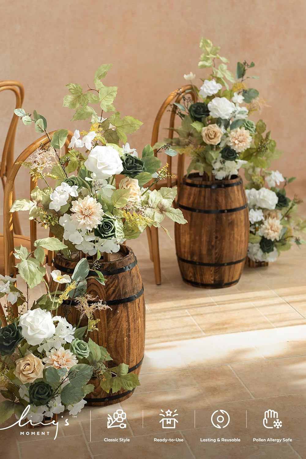 Ling's Moment 17.5" Tall Standing Artificial Flowers Arrangements 4pcs Fall Wedding Aisle Runner Chair Decorations Emerald & Tawny Beige Centerpieces for Ceremony Reception Rose Floral Party Outdoor