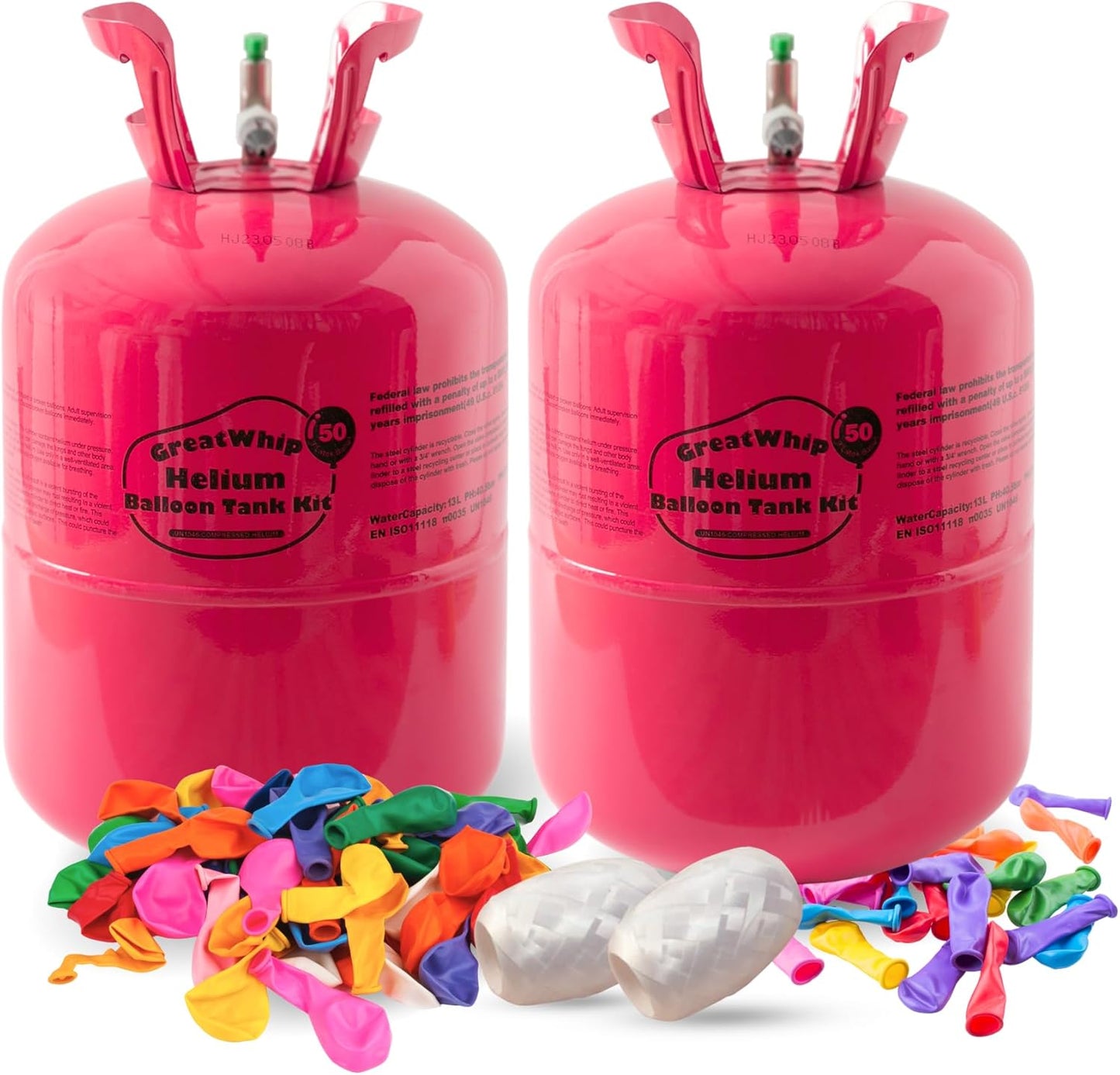 GreatWhip 13L Helium Tank Up To 50 Latex Balloons, 50 Pink Latex Balloons And Ribbons Included. (2 Boxes)