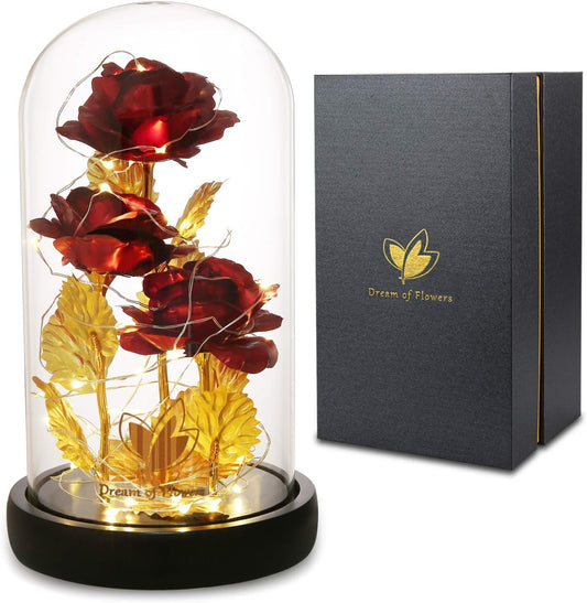 Beauty and The Beast Rose,Preserved Flowers Bouquets Gifts,Light Up Rose Flower in Glass Dome,Birthday Gifts for Women,Mom,Girlfriend Wife Anniversary,Valentines,Thanksgiving,Christmas,Wedding