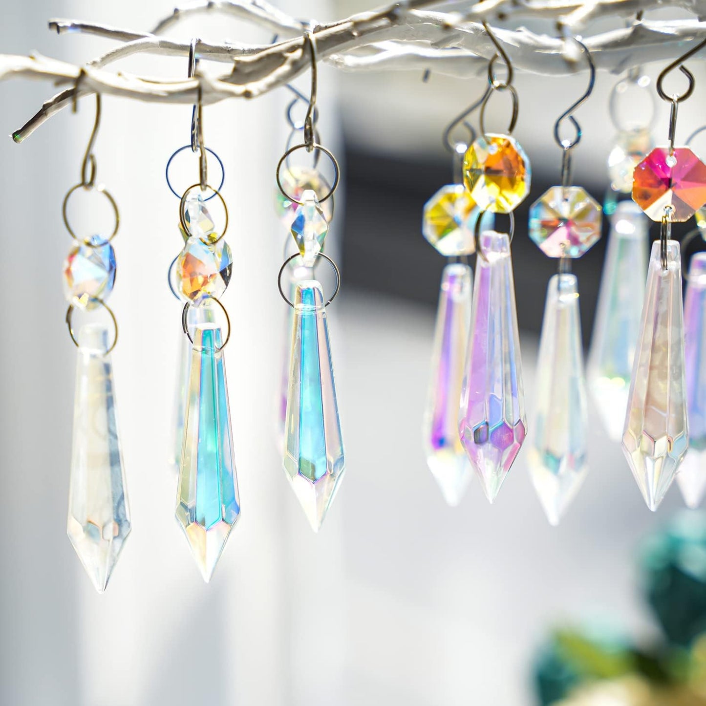 20PCS Chandelier Icicle Crystal Prisms Suncatcher,55mm Chandelier Crystals Replacement, AB Colors Crystals for Chandeliers with Hooks for Windows Wedding Lamp Decoration