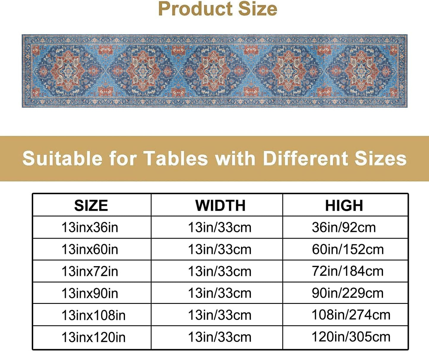 Boho Floral Vintage Table Runner, Retro Abstract Blue Flower Rustic Country Farmhouse Pattern for Home Kitchen Table Decor Dining Coffee Room Party Decor 13x108in