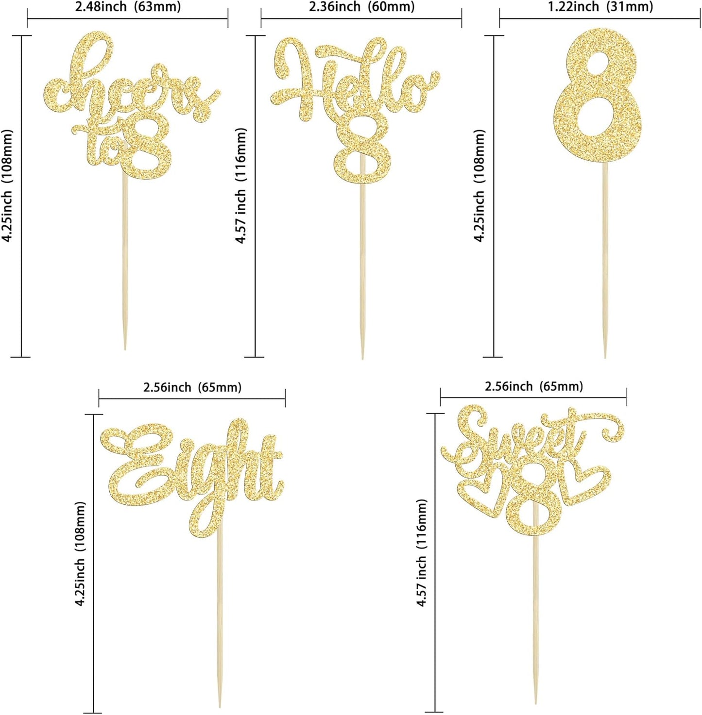30Pcs 8th Birthday Cupcake Toppers Glitter Eight Hello 8 Cupcake Picks Cheers to 8 Years Old Cake Decorations for 8th Birthday Party Supplies Gold
