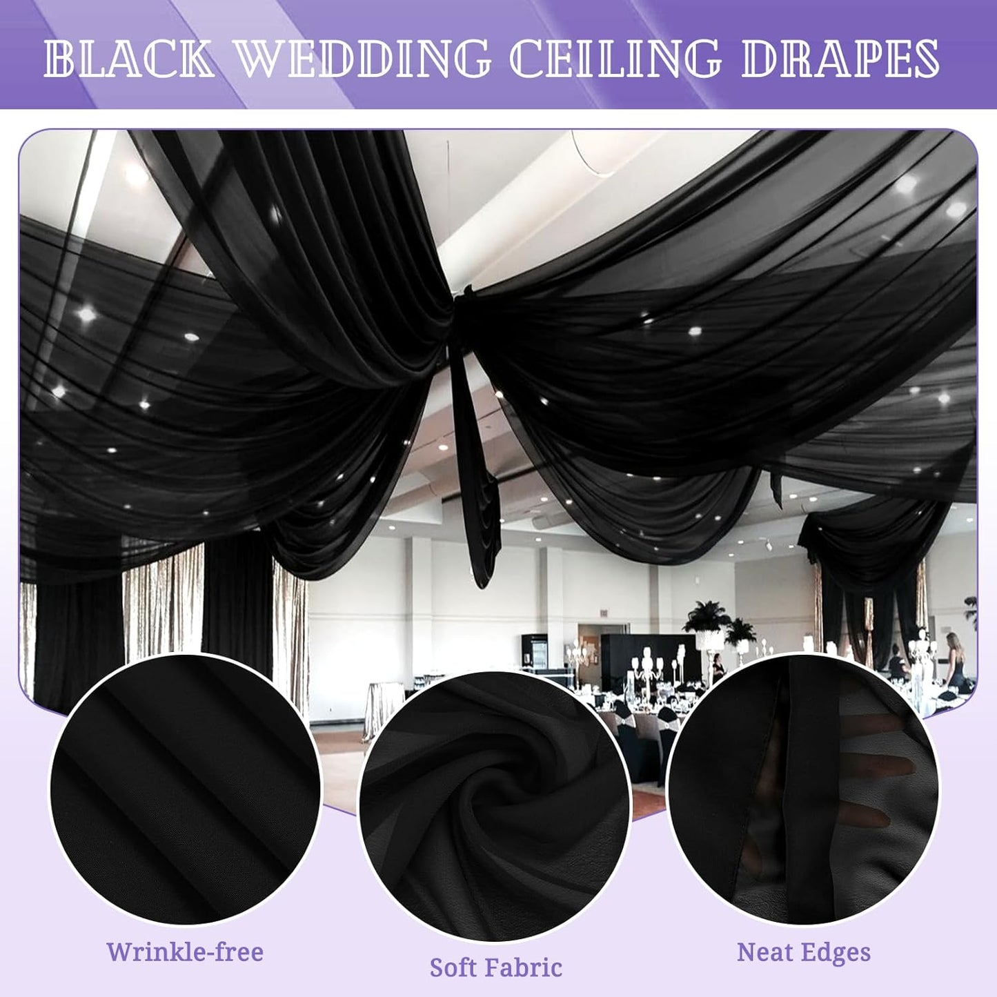 8 Panels Black Ceiling Drapes for Wedding 5ftx20ft Sheer Drapery Chiffon Fabric Arch Draping Curtains for Party Ceremony Birthday Baby Shower Reception Stage Ceiling Decorations