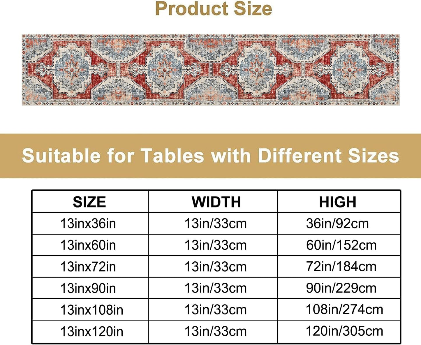 Boho Floral Vintage Table Runner, Retro Blue Red Flower Rustic Country Farmhouse Abstract Pattern for Home Kitchen Table Decor Dining Coffee Room Party Decor 13x36in