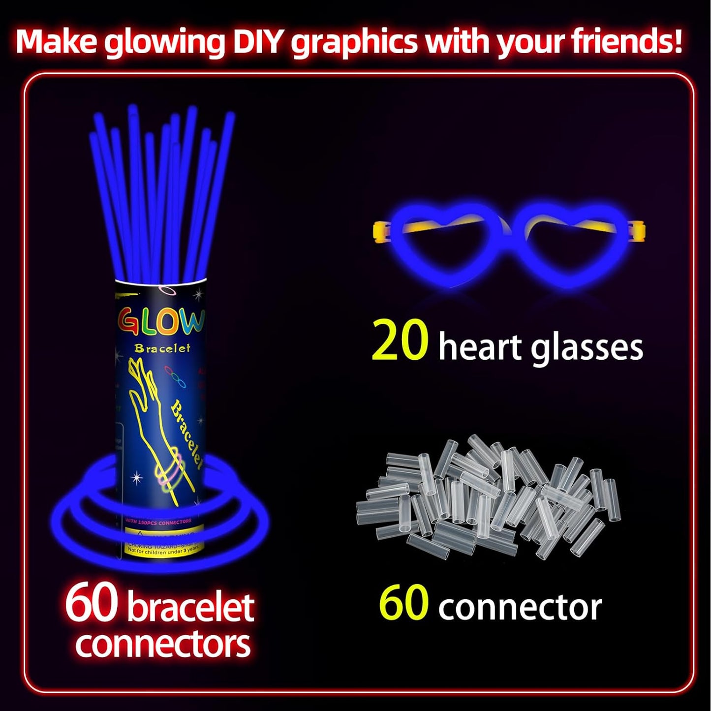 60 Pack 8” Blue Glow Sticks Bulk Bright Glow Sticks with 60 Connectors 20 Heart Glasses Glow In The Dark Party Supplies Neon Party Decorations Glow Bracelet Glasses for Holiday Carnival (Blue)