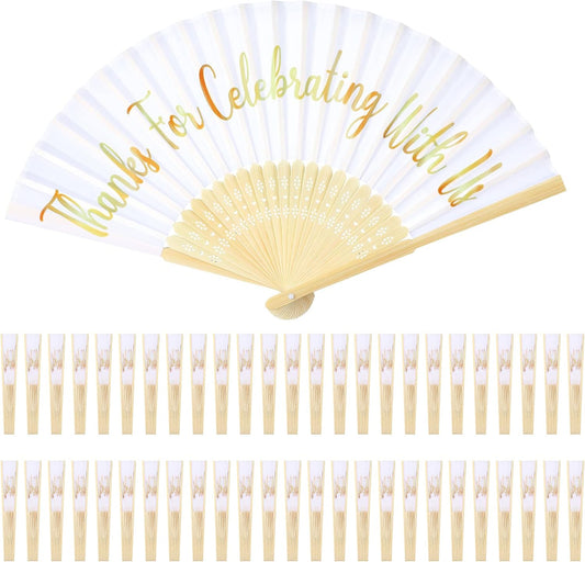 Jetec 50 Pcs Wedding Fans for Guests Bulk Silk Hand Fans Handheld Folded Thank You for Celebrating with Us Wedding Favors for Bridal Bridesmaid Baby Shower Dancing Party Church Gift(White)
