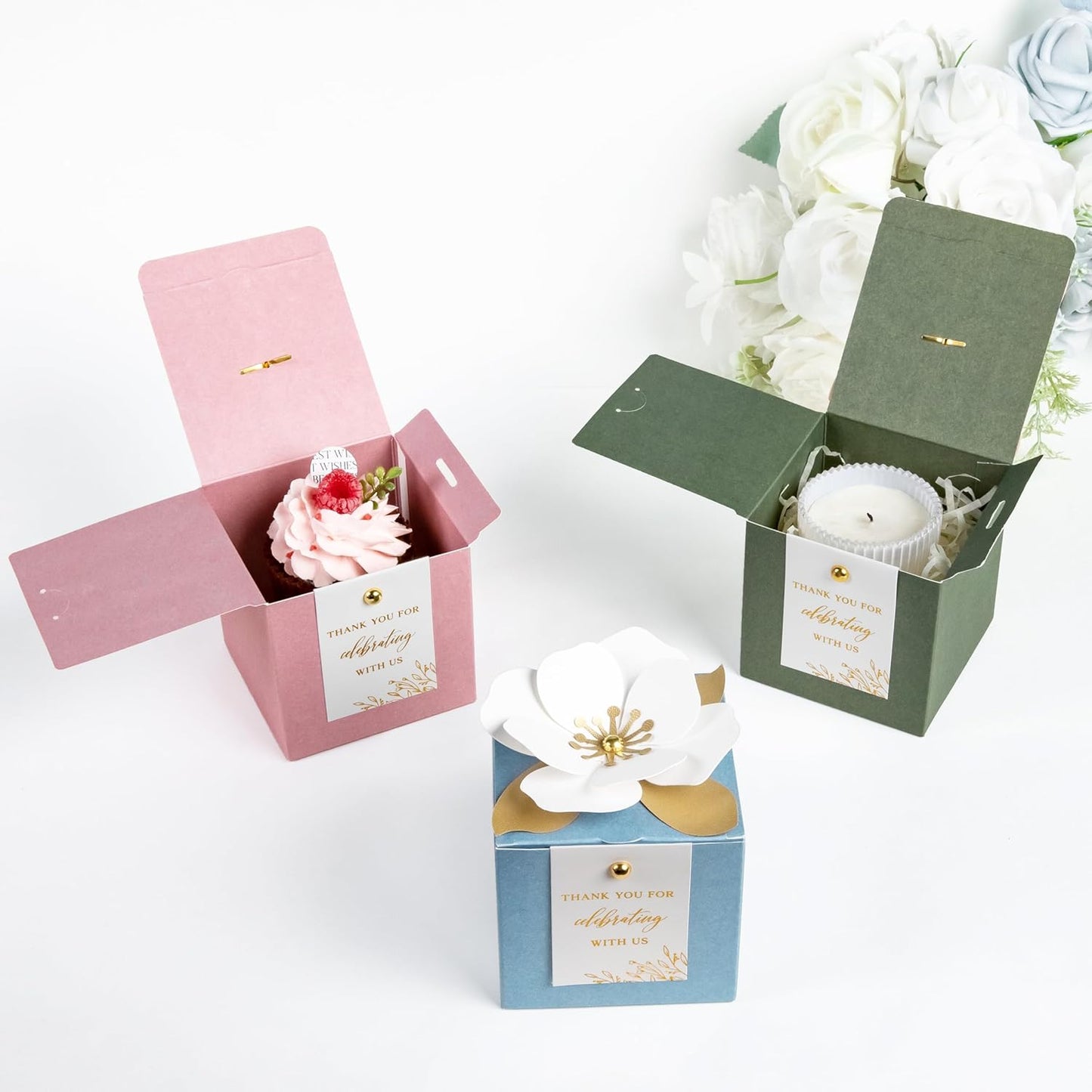 FEIYI 20 PCS Dusty Rose Gift Boxes, 3 In 1 Favor Boxes with Floral Decor, White Thank You Tags Cupcake Containers Gift wrapping for Wedding, Baby Shower, Birthday, Decorations Party - 3.55x3.55x3.55