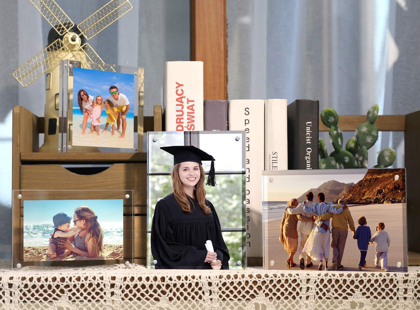 HELPLEX Acrylic Frames, 2 Pack 6x8, 24mm Thick, Frameless, Magnetic, Free Standing