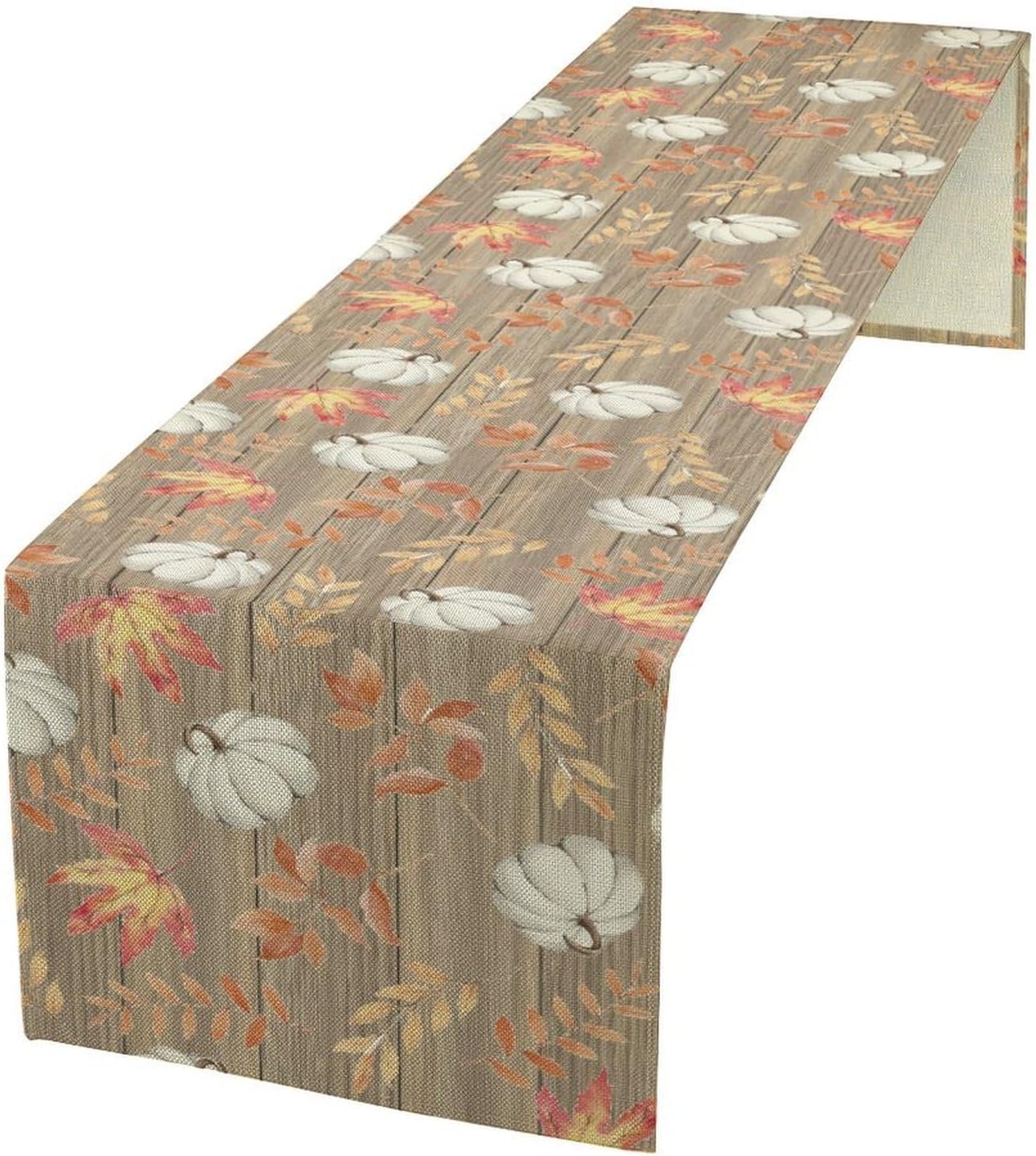 Autumn Table Runner,Pumpkins Maple Leaves Wood Fall r Seasonal Table Runner Kitchen Dining Table Decoration for Home Party Decor 13x90 Inch