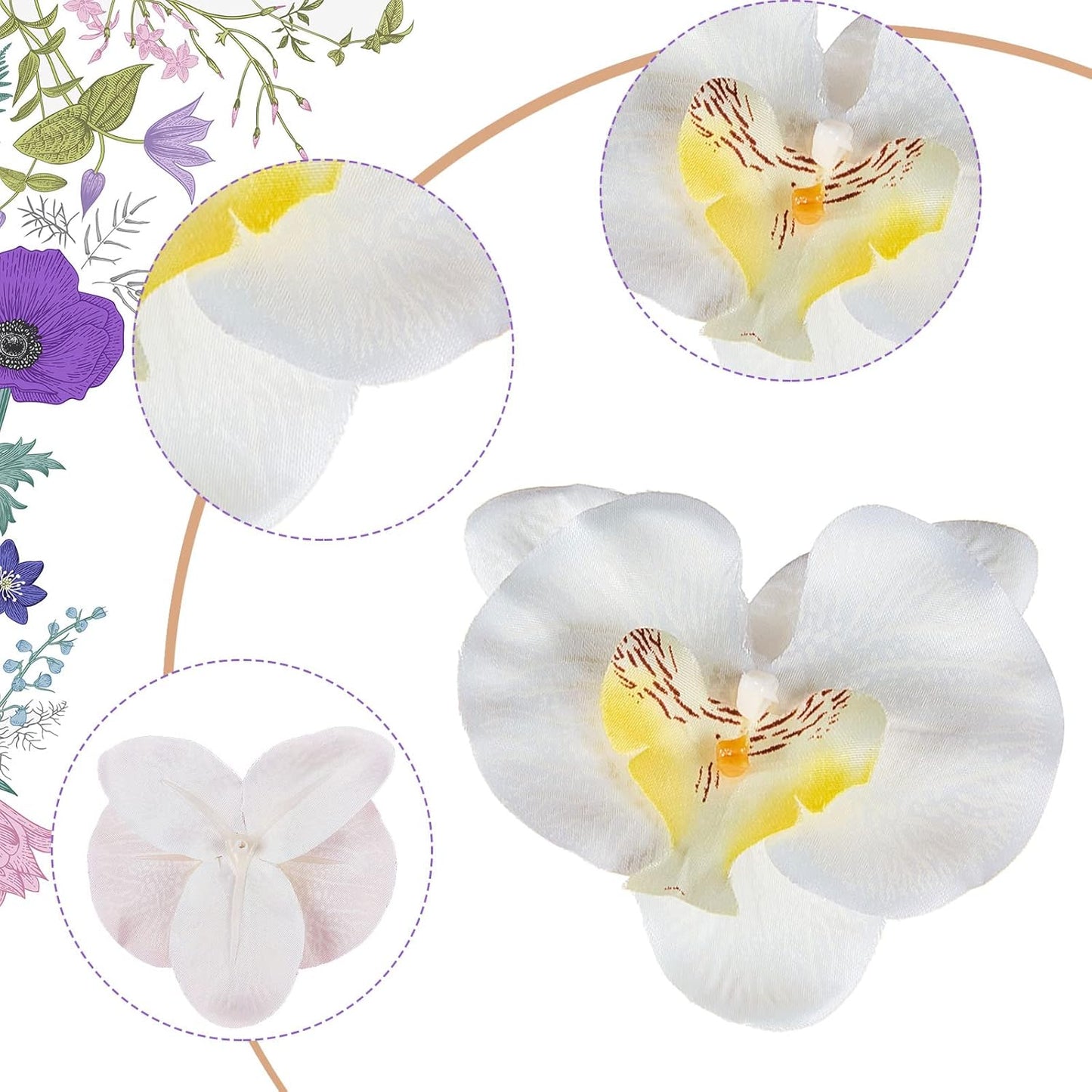 40 Pieces Orchid Petals Artificial Decorations Wedding Party Orchids Heads Flowers Faux Silk Phalaenopsis Butterfly Flower Heads for DIY Craft Home (White)