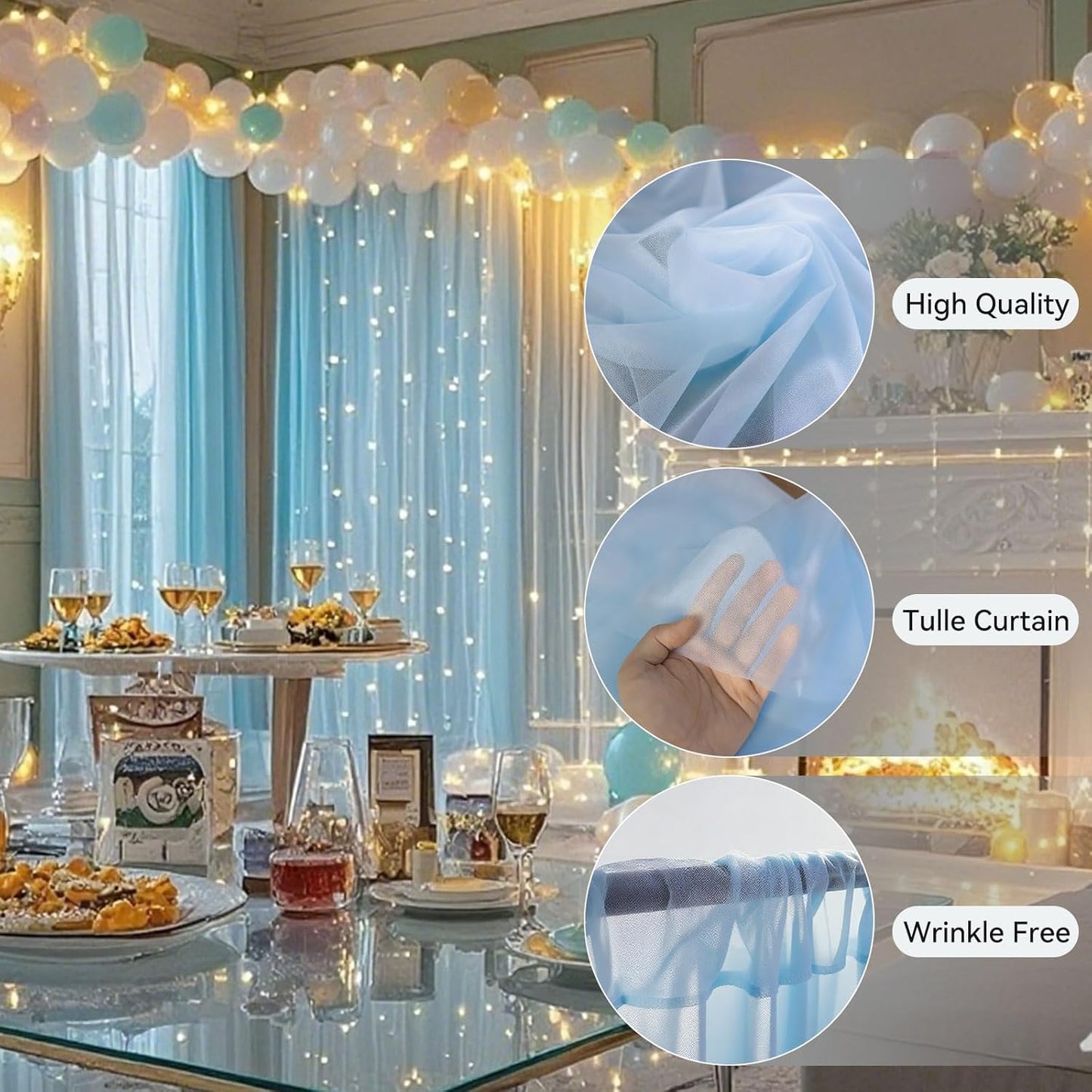 10×8ft Tulle Backdrop Curtains with Lights String - 300LED Fairy Lights Sheer Curtain Backdrop for Weddings Baby Shower and Birthday Party Decorations( 2 Panels 5×8ft)