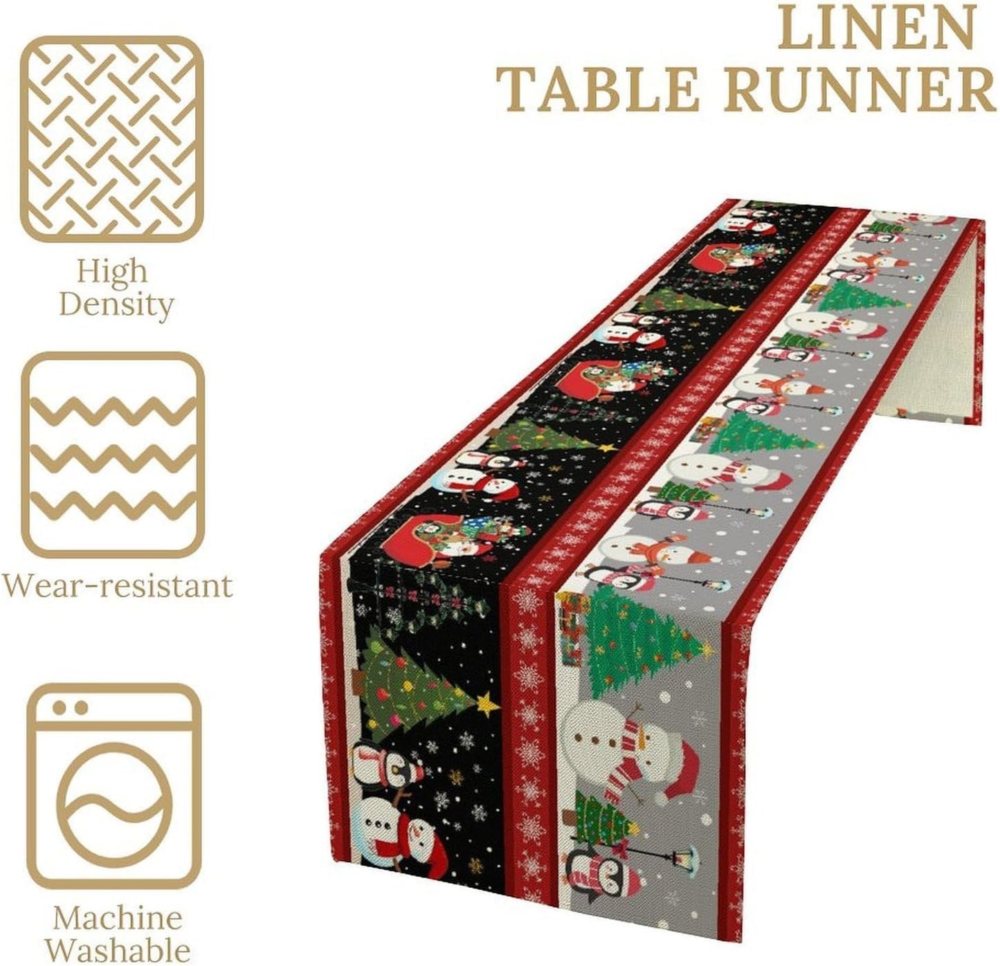 Christmas Table Runner,Cartoon Snowman Tree Xmas Deer Elk Santa Claus Print Tablecloth Burlap for Hotel Indoors Outdoor Dining Room Kitchen Home Decor,W13X L108 in