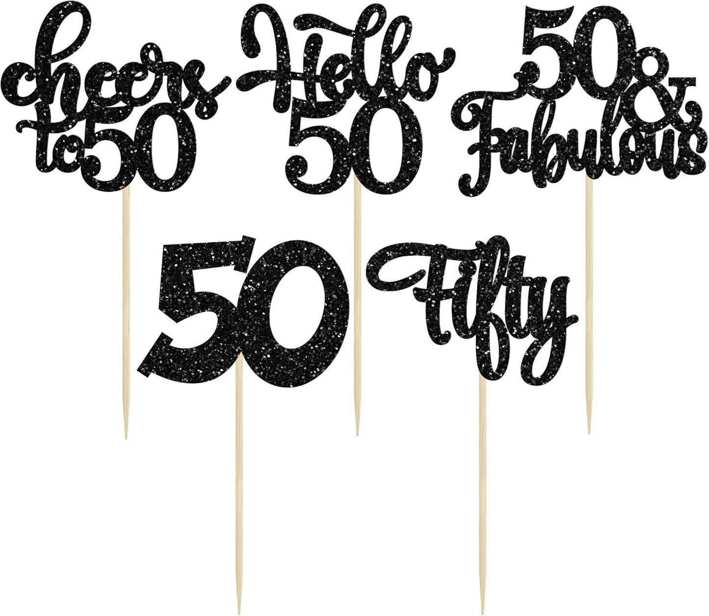 30Pcs Happy 50th Birthday Cupcake Toppers Black Glitter Fifty Cheers to 50 Years Old Birthday Cupcake Picks for 50th Birthday Anniversary Party Cake Decorations Supplies