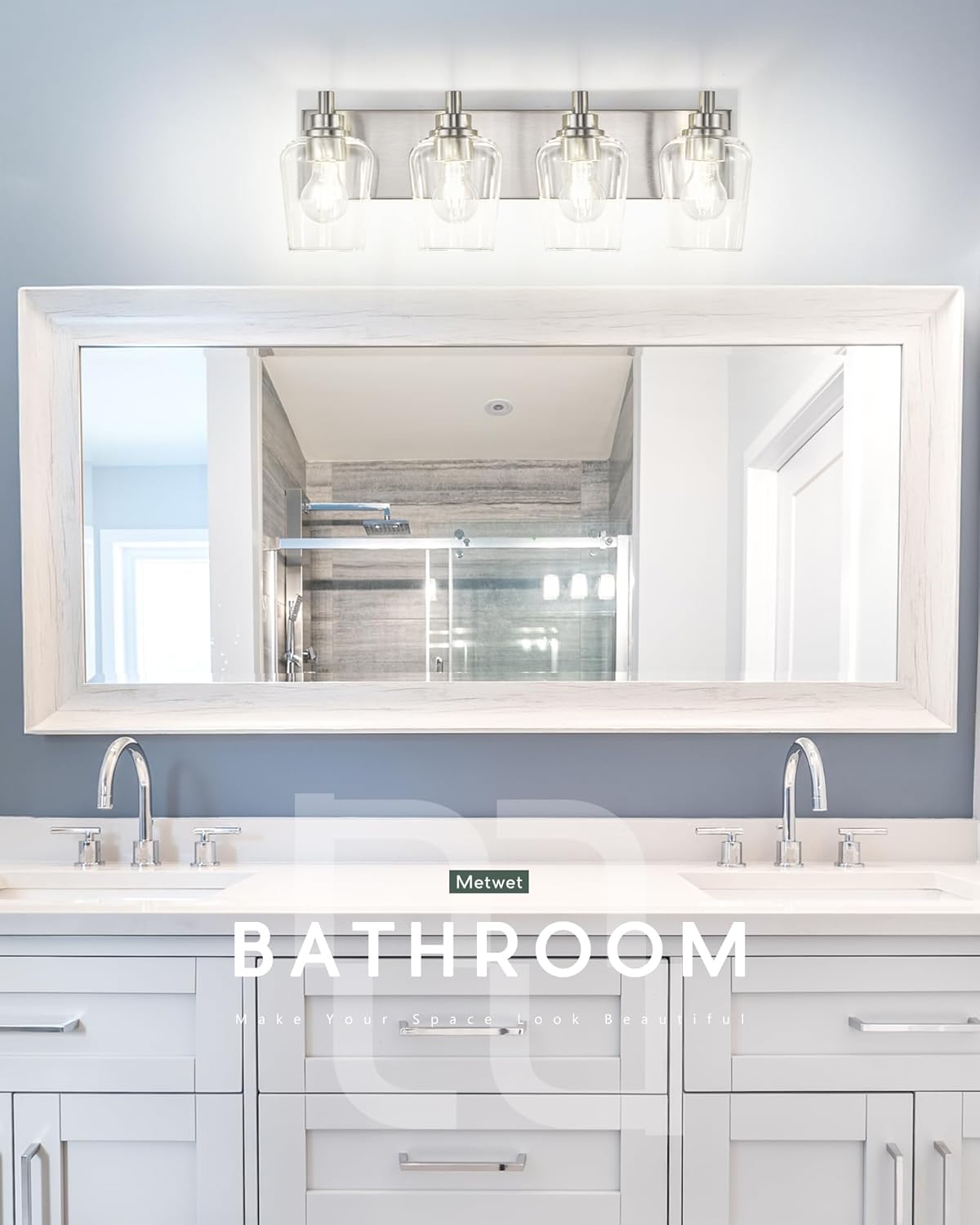 Bathroom Light Fixtures, 4-Light Modern Vanity Light with Clear Glass Wine Glass-Shaped Shade, Vanity Lighting Fixtures Over Mirror, Brushed Nickel, VL155-BN-4