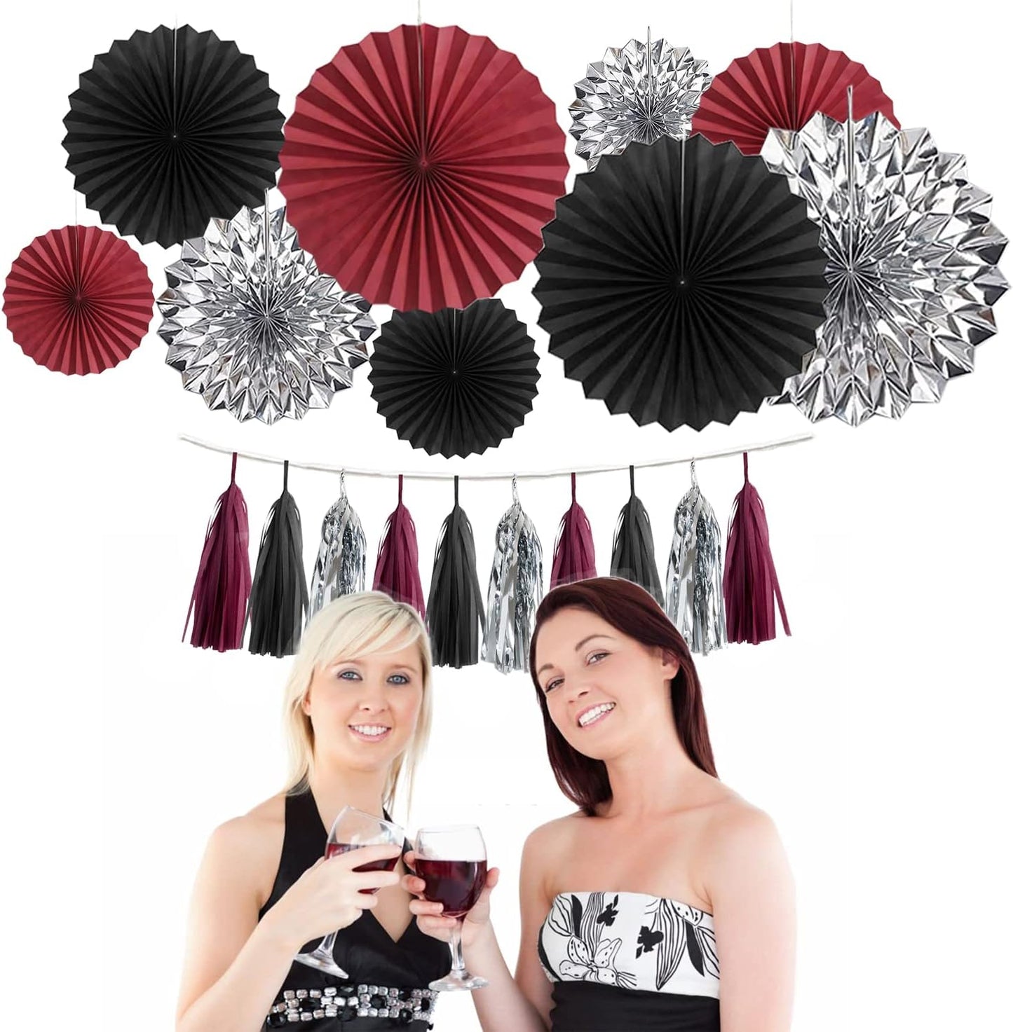 24PCS Maroon Decorations Burgundy Black Silver Party Decor Tassel Garland Banner Paper Flower Fans Streamers Wall Hanging Backdrop Graduation Wedding Birthday Bridal Shower
